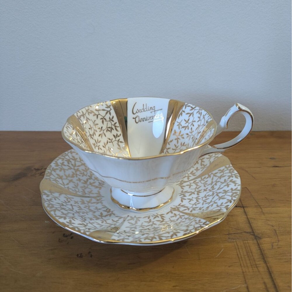 Queen Anne Tea Cup Saucer Wedding Anniversary Design Gold Trim England Vintage